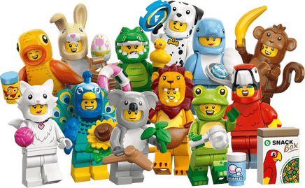 Set 7 Minifigures LEGO Pesciolino Delfino Scimmia Dalmata Coniglio Leone Gatto